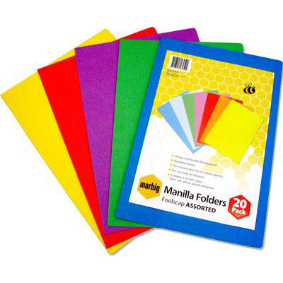 Image for MARBIG MANILLA FOLDER FOOLSCAP ASSORTED PACK 20 from MOE Office Products Depot Mackay & Whitsundays