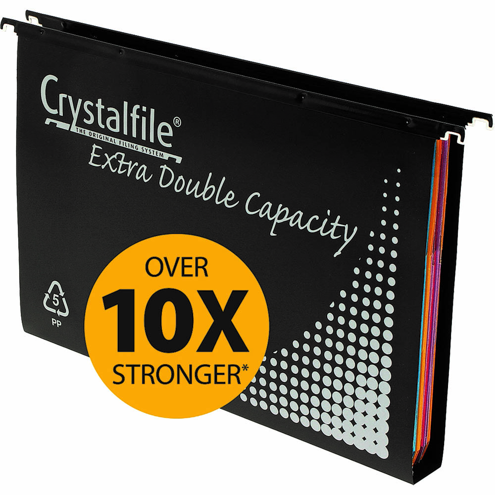 Image for CRYSTALFILE EXTRA SUSPENSION FILES DOUBLE CAPACITY 30MM PP FOOLSCAP BLACK BOX 10 from Total Supplies Pty Ltd