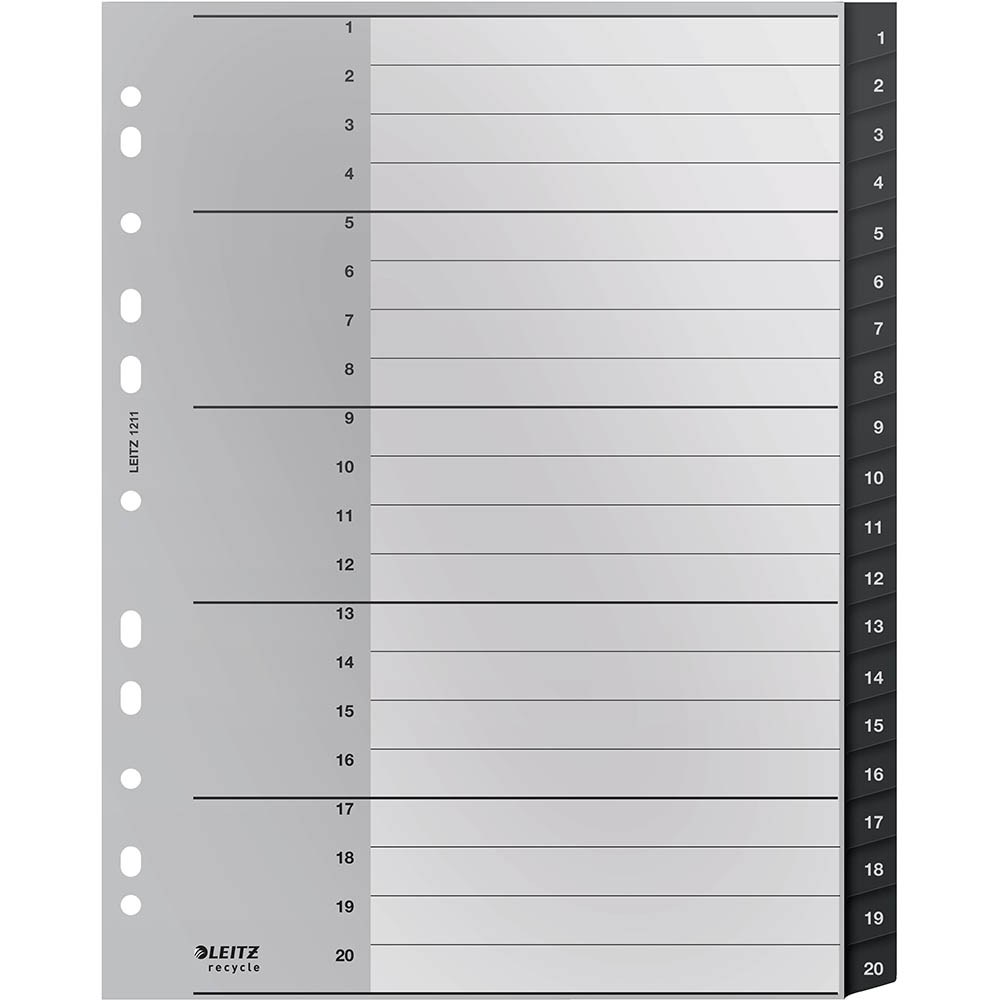 Image for LEITZ RECYCLED INDEX DIVIDER PP 1-20 TAB A4 GREY from MOE Office Products Depot Mackay & Whitsundays