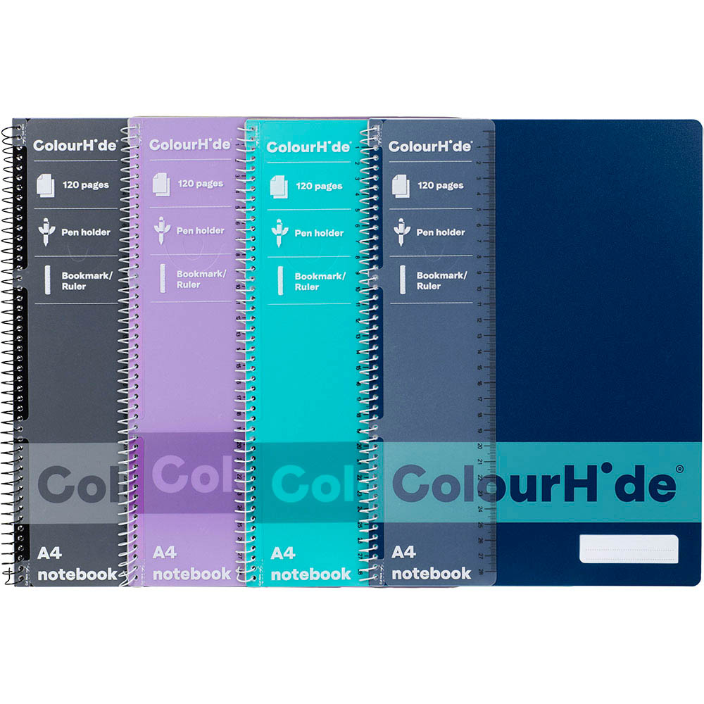 Image for COLOURHIDE NOTEBOOK 120 PAGE A4 ASSORTED PACK 4 from Ross Office Supplies Office Products Depot