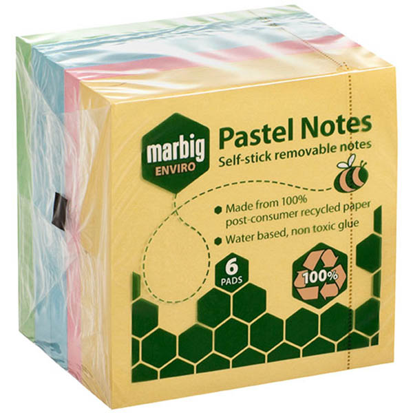 Image for MARBIG ENVIRO REPOSITIONAL NOTES 100 SHEET 75 X 75MM PASTEL PACK 6 from Albany Office Products Depot