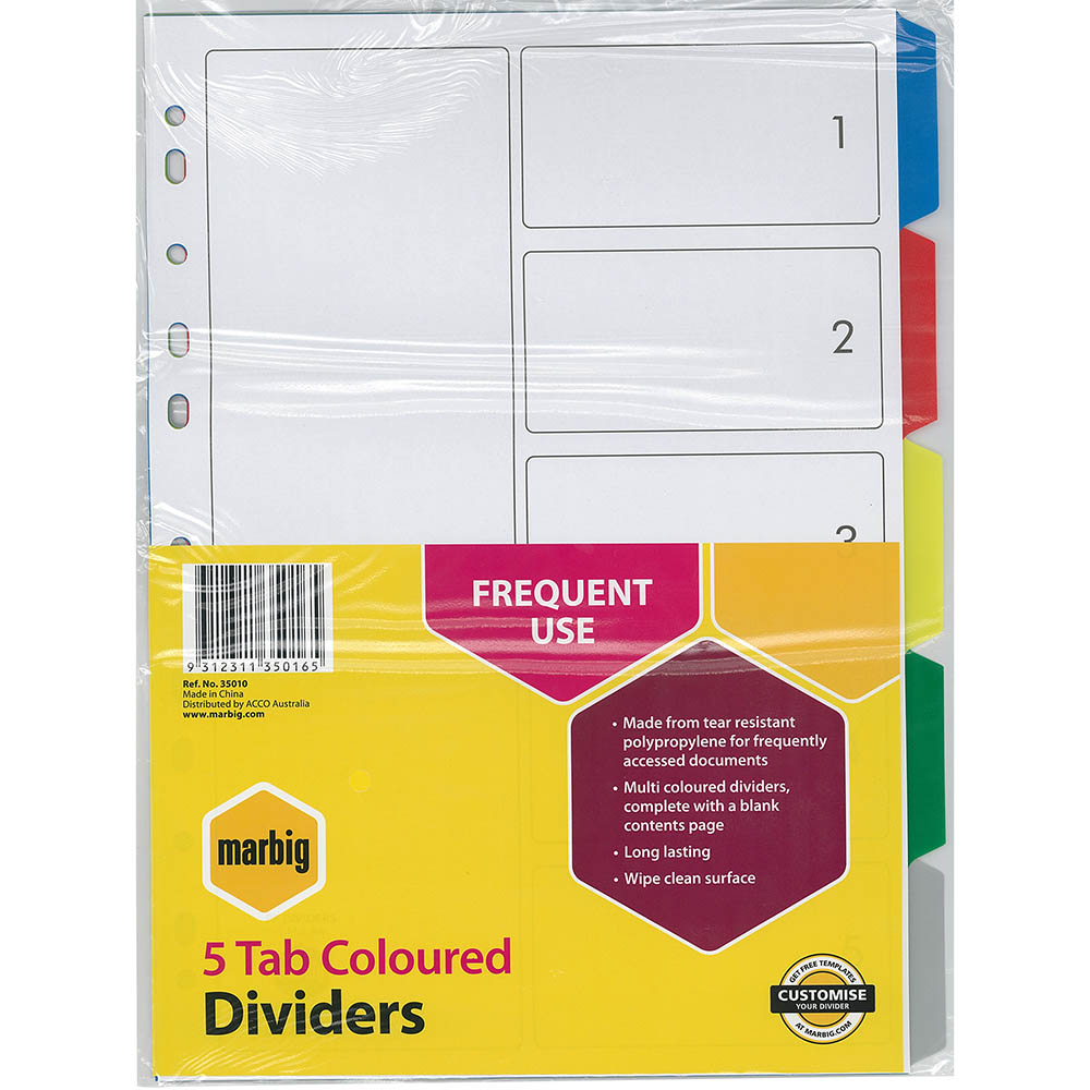 Image for MARBIG DIVIDER PP 5-TAB A4 ASSORTED from Margaret River Office Products Depot
