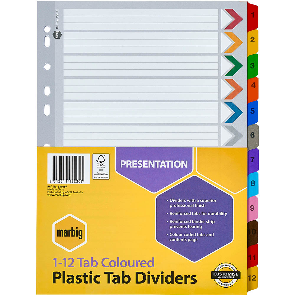 Image for MARBIG INDEX DIVIDER MANILLA 1-12 TAB A4 ASSORTED from Tristate Office Products Depot
