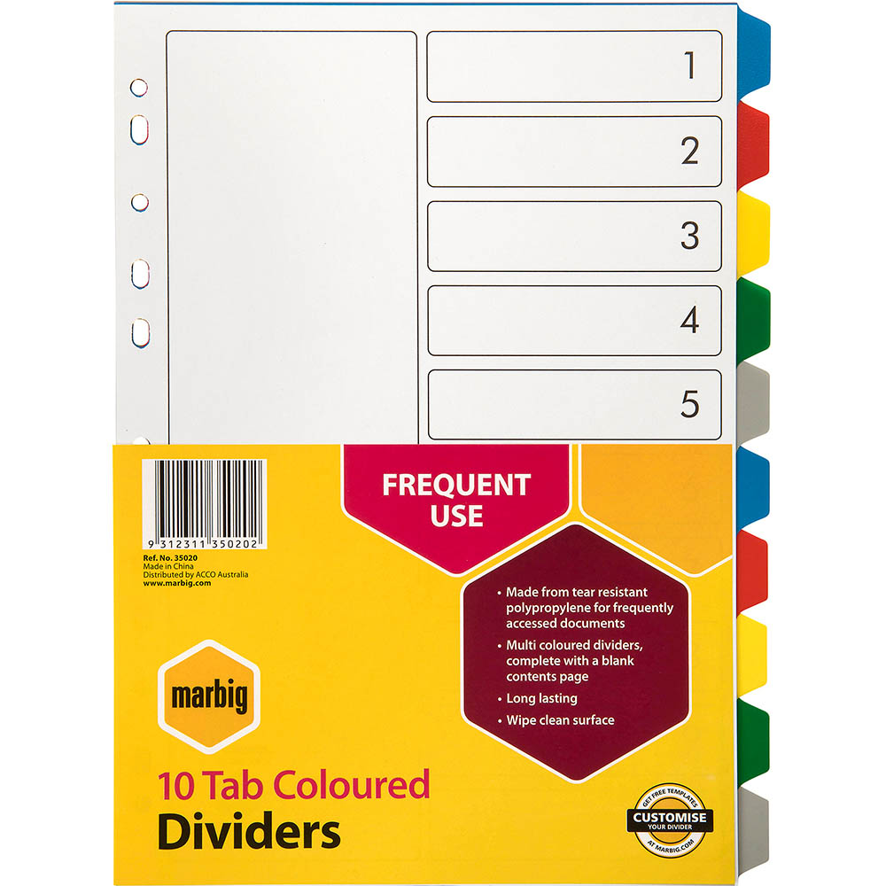 Image for MARBIG DIVIDER PP 10-TAB A4 ASSORTED from Barkers Rubber Stamps & Office Products Depot