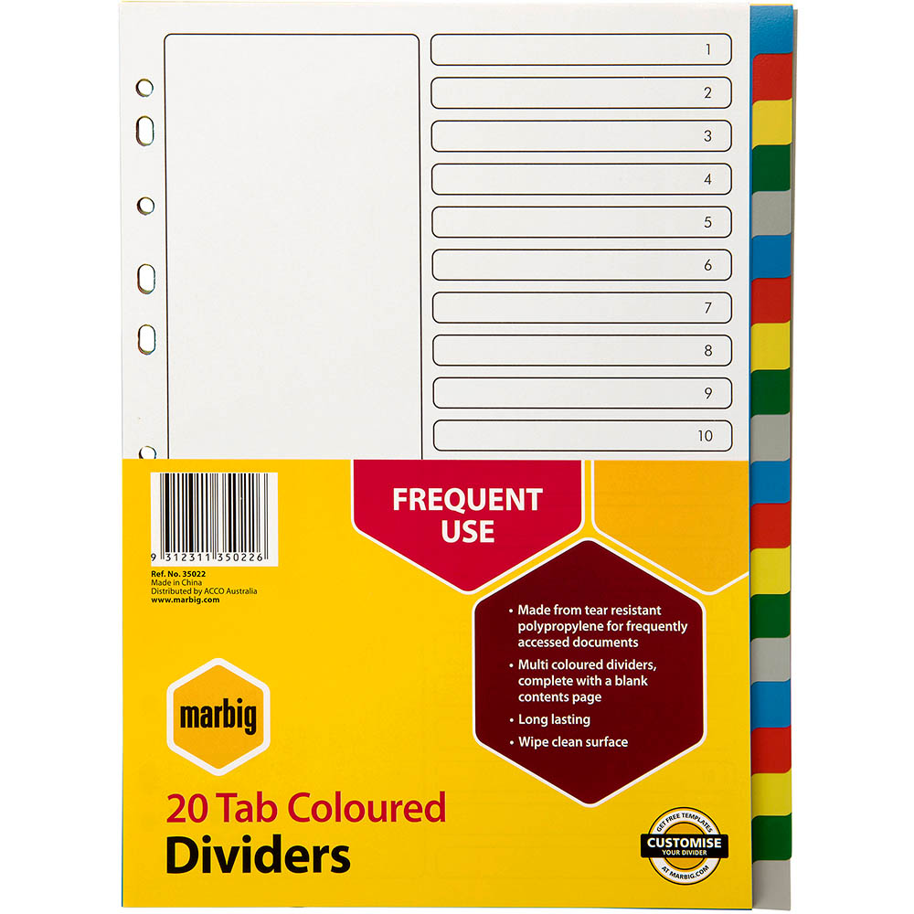 Image for MARBIG DIVIDER PP 20-TAB A4 ASSORTED from OFFICEPLANET OFFICE PRODUCTS DEPOT