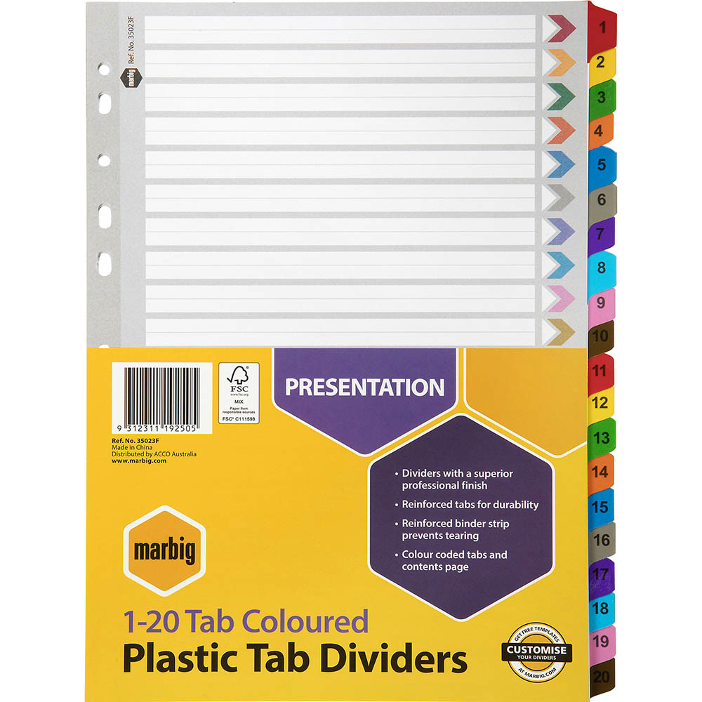 Image for MARBIG INDEX DIVIDER MANILLA 1-20 TAB A4 ASSORTED from Total Supplies Pty Ltd