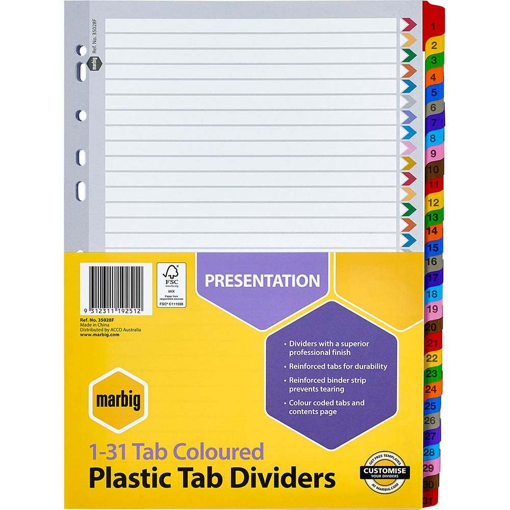 Image for MARBIG INDEX DIVIDER MANILLA 1-31 TAB A4 ASSORTED from Total Supplies Pty Ltd