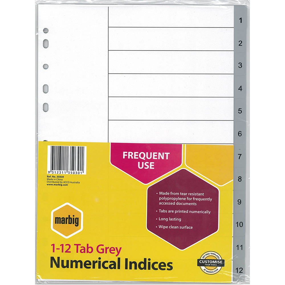 Image for MARBIG INDEX DIVIDER PP 1-12 TAB A4 GREY from Office Products Depot