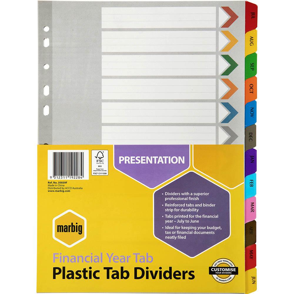 Image for MARBIG INDEX DIVIDER FINANCIAL YEAR MANILLA JUL-JUN TAB A4 ASSORTED from OFFICEPLANET OFFICE PRODUCTS DEPOT