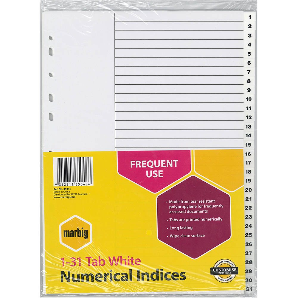 Image for MARBIG INDEX DIVIDER PP 1-31 TAB A4 WHITE from Albany Office Products Depot