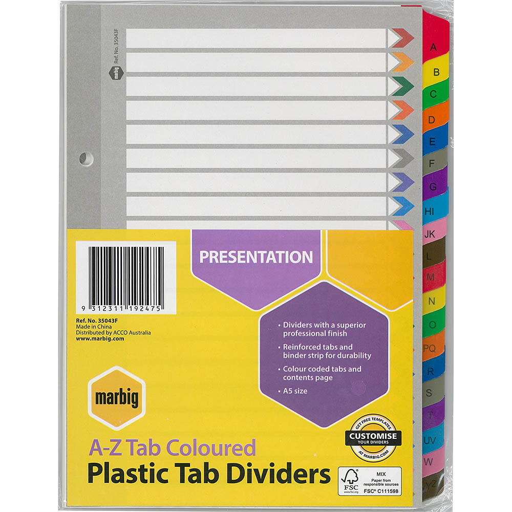 Image for MARBIG INDEX DIVIDER REINFORCED MANILLA A-Z TAB A5 ASSORTED from Ross Office Supplies Office Products Depot