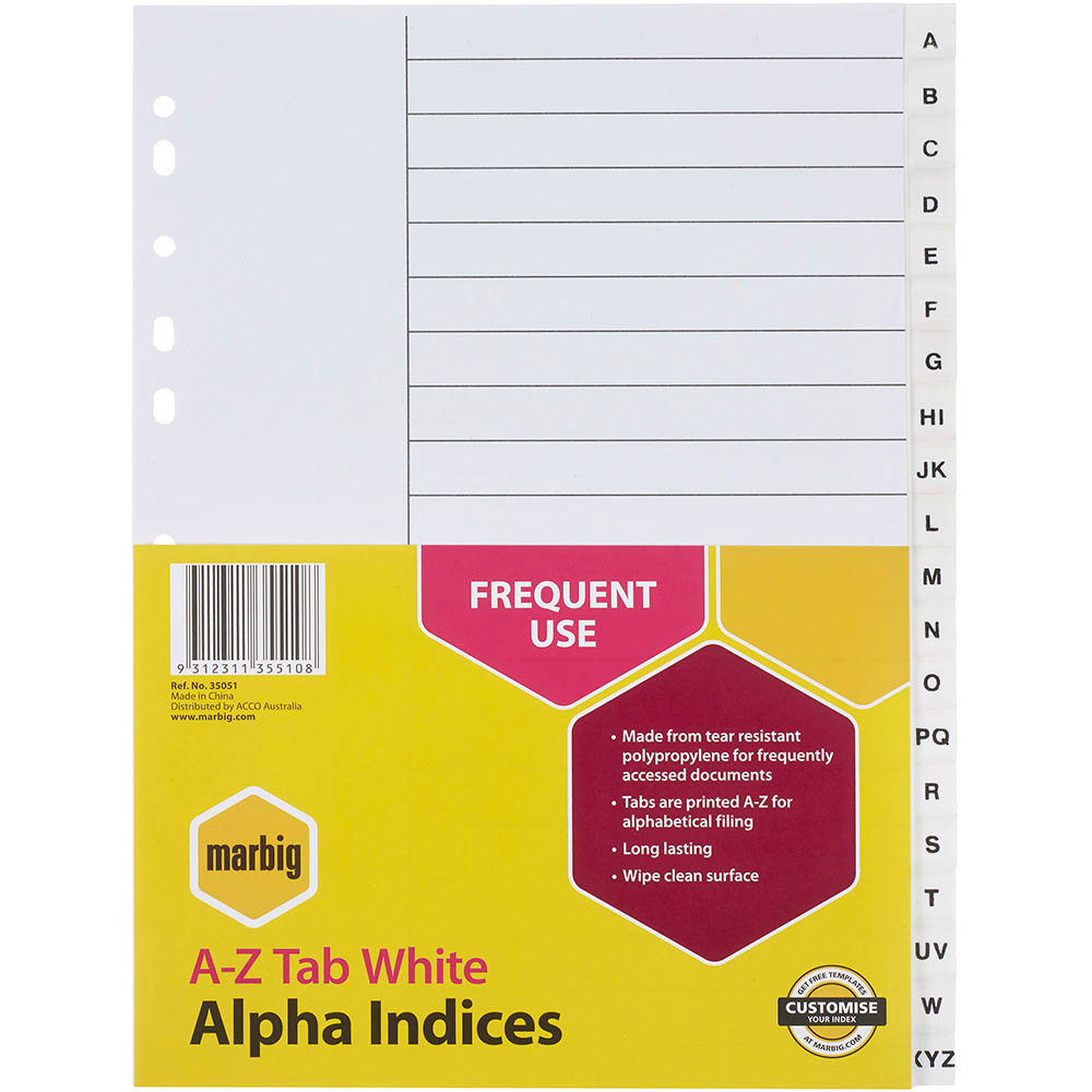 Image for MARBIG INDEX DIVIDER PP A-Z TAB A4 WHITE from Office Products Depot Gold Coast