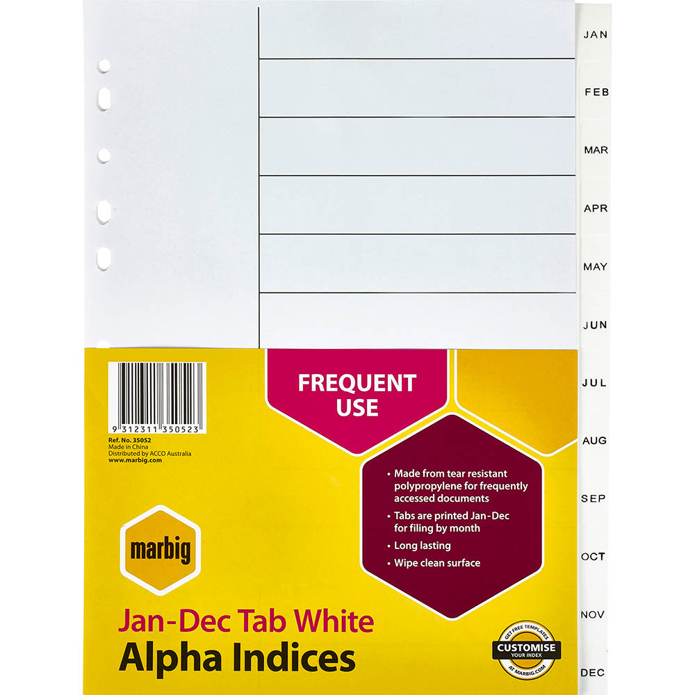 Image for MARBIG INDEX DIVIDER PP JAN-DEC TAB A4 WHITE from MOE Office Products Depot Mackay & Whitsundays