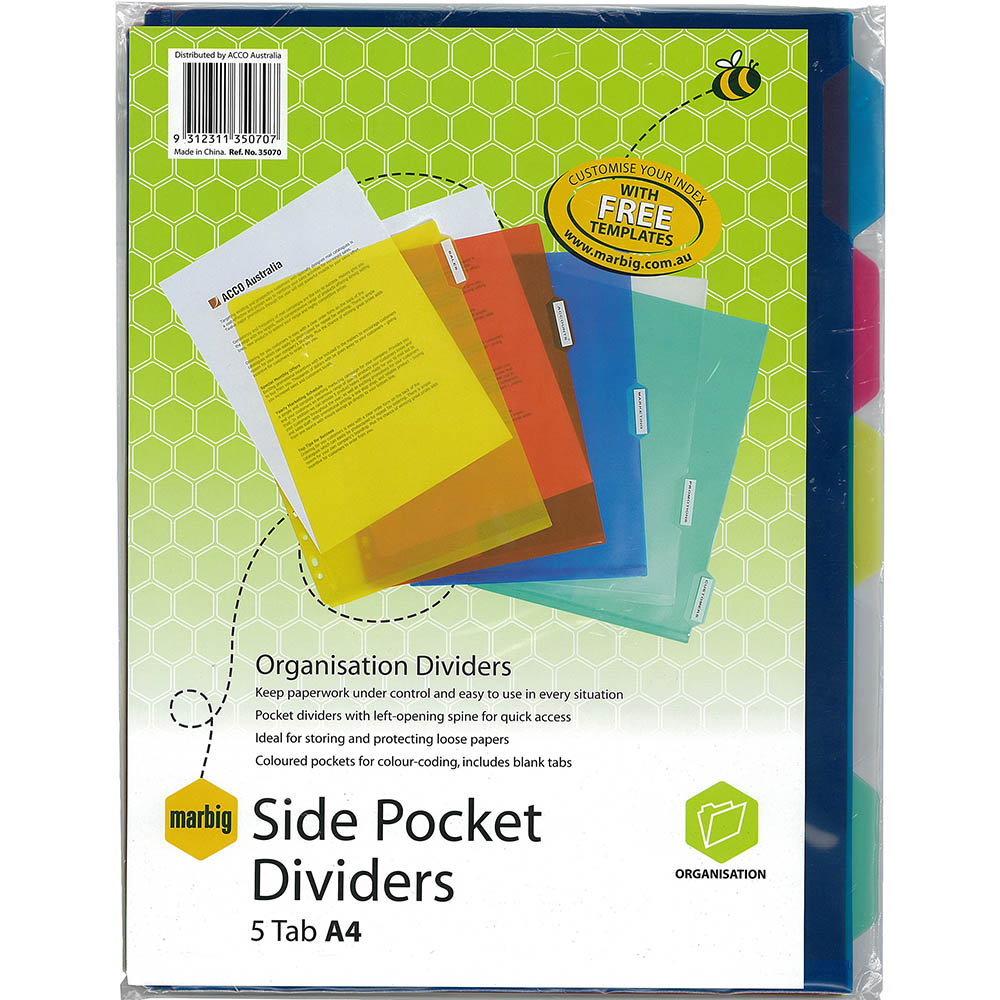 Image for MARBIG SIDE POCKET DIVIDERS PP 5-TAB A4 ASSORTED from Office Products Depot Gold Coast