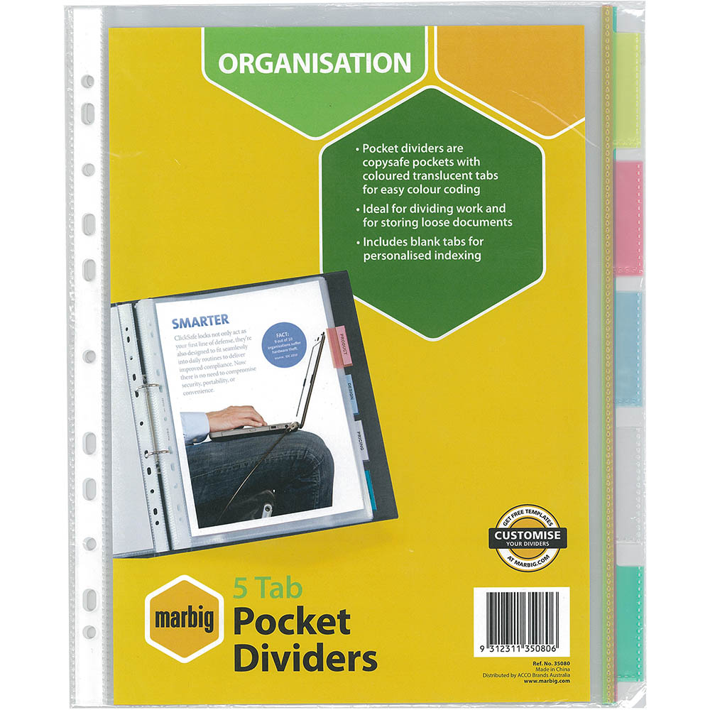 Image for MARBIG COPYSAFE DIVIDER POCKET PP 5-TAB A4 ASSORTED from Ross Office Supplies Office Products Depot