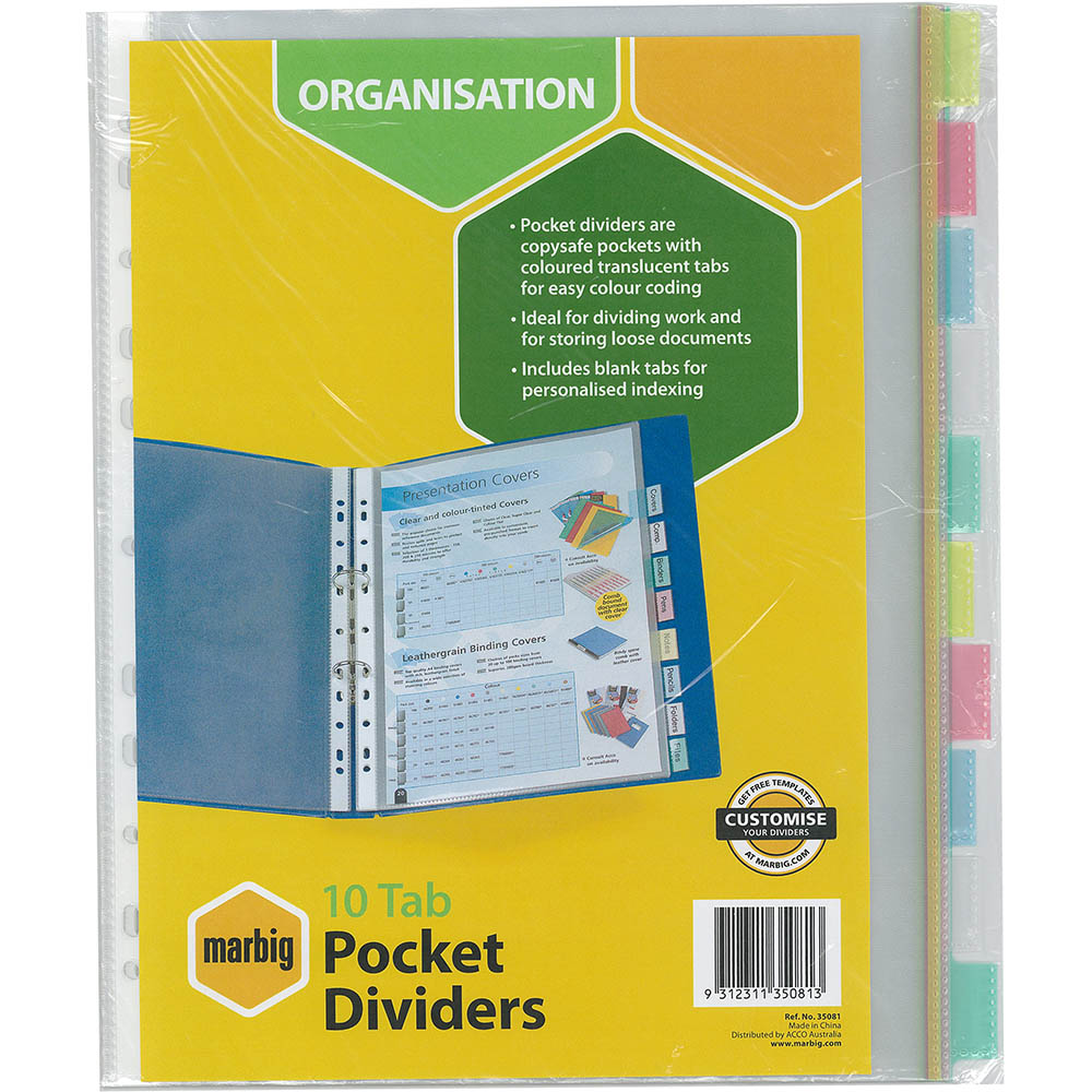 Image for MARBIG COPYSAFE DIVIDER POCKET PP 10-TAB A4 ASSORTED from MOE Office Products Depot Mackay & Whitsundays