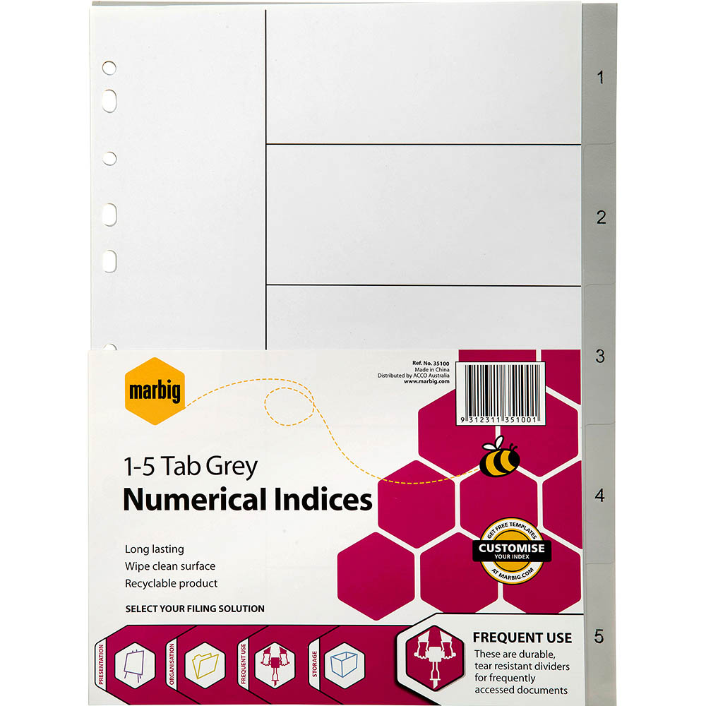Image for MARBIG INDEX DIVIDER PP 1-5 TAB A4 GREY from MOE Office Products Depot Mackay & Whitsundays