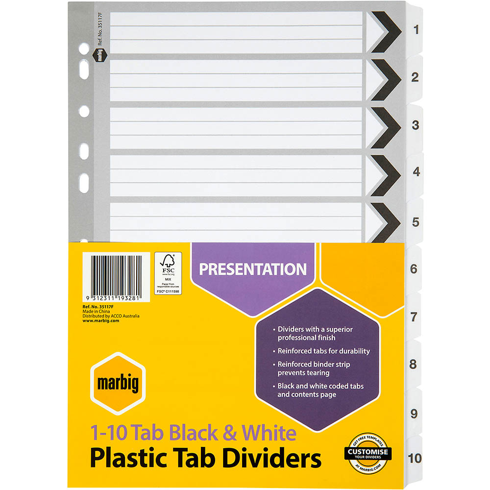 Image for MARBIG INDEX DIVIDER REINFORCED 1-10 TAB A4 BLACK/WHITE from Albany Office Products Depot