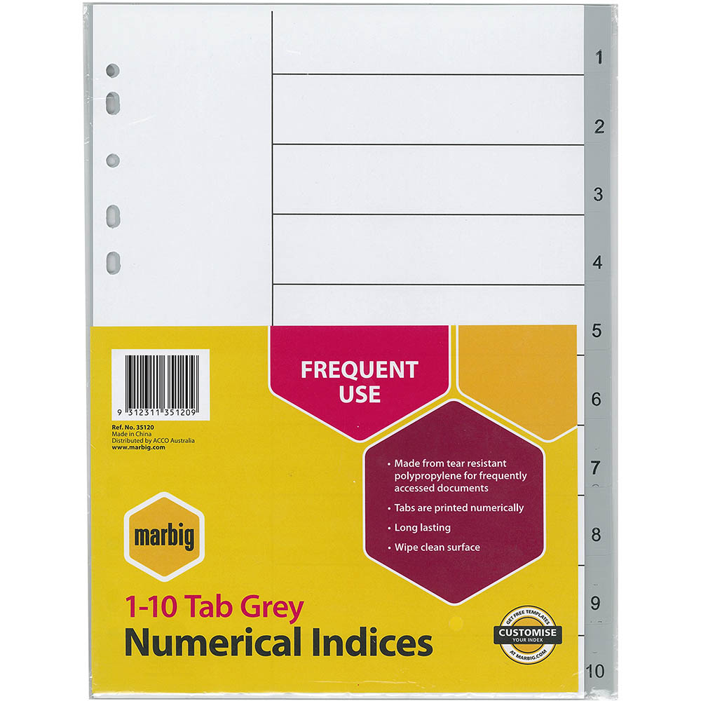 Image for MARBIG INDEX DIVIDER PP 1-10 TAB A4 GREY from Albany Office Products Depot