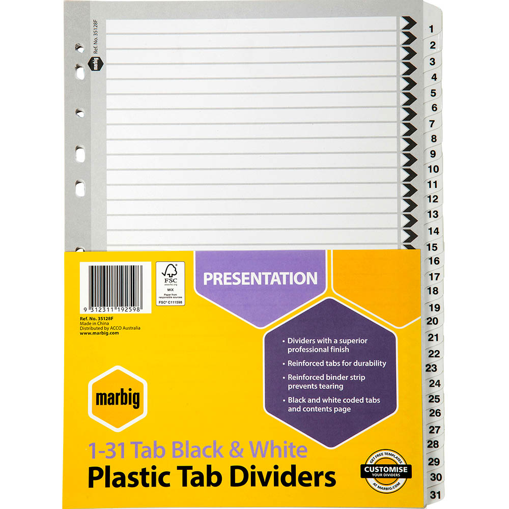 Image for MARBIG DIVIDER MANILLA 1-31 TAB A4 BLACK/WHITE from Total Supplies Pty Ltd