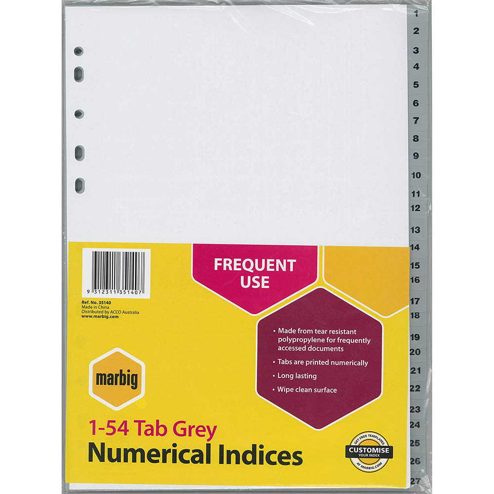 Image for MARBIG INDEX DIVIDER PP 1-54 TAB A4 GREY from Office Products Depot
