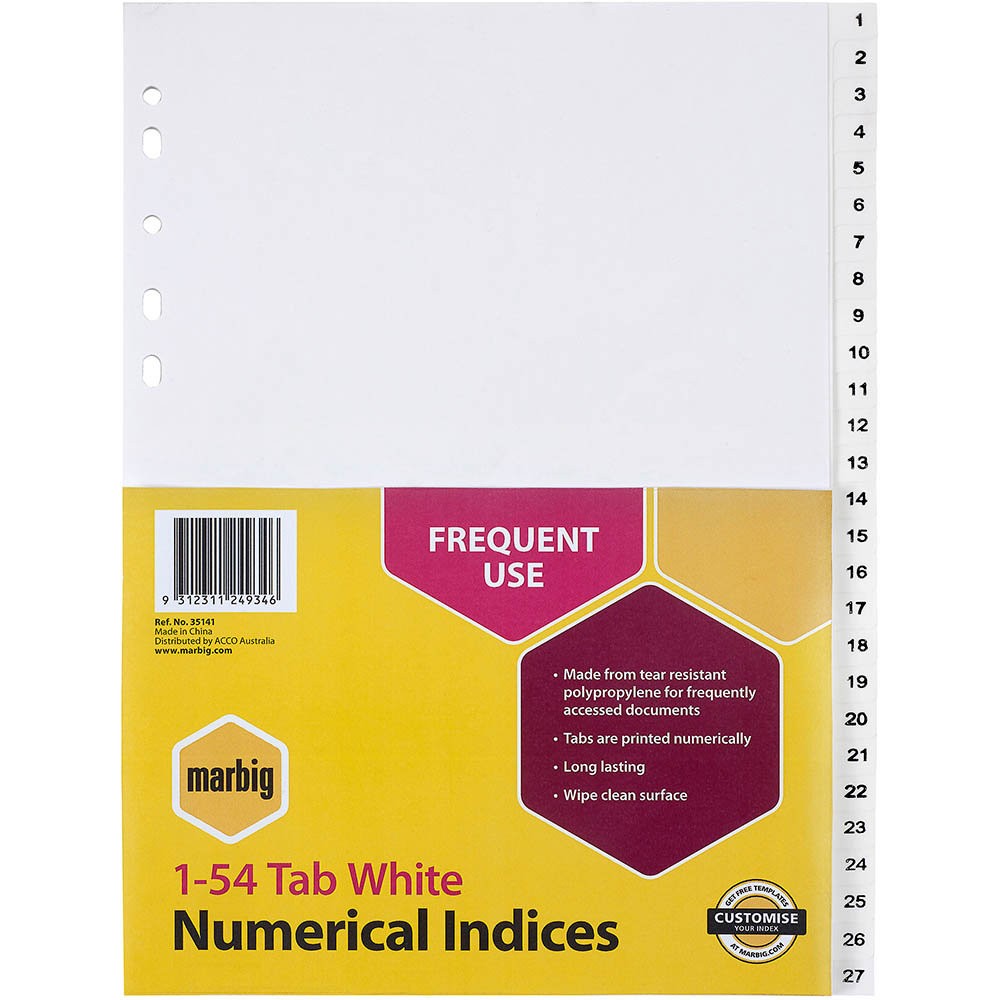 Image for MARBIG INDEX DIVIDER PP 1-54 TAB A4 WHITE from Office Products Depot Gold Coast