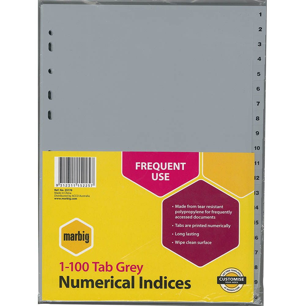 Image for MARBIG INDEX DIVIDER PP 1-100 TAB A4 GREY from Margaret River Office Products Depot