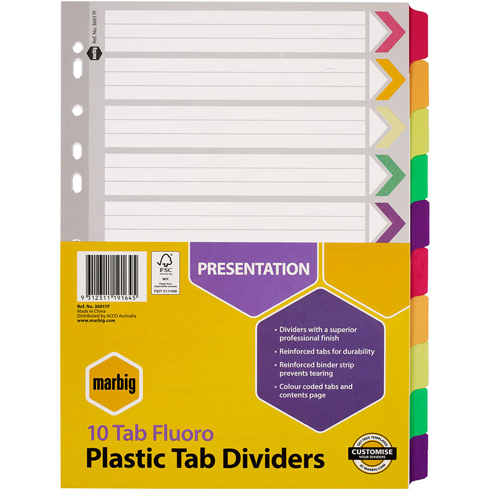 Image for MARBIG DIVIDER REINFORCED MANILLA 10-TAB A4 FLUORO ASSORTED from O'Donnells Office Products Depot