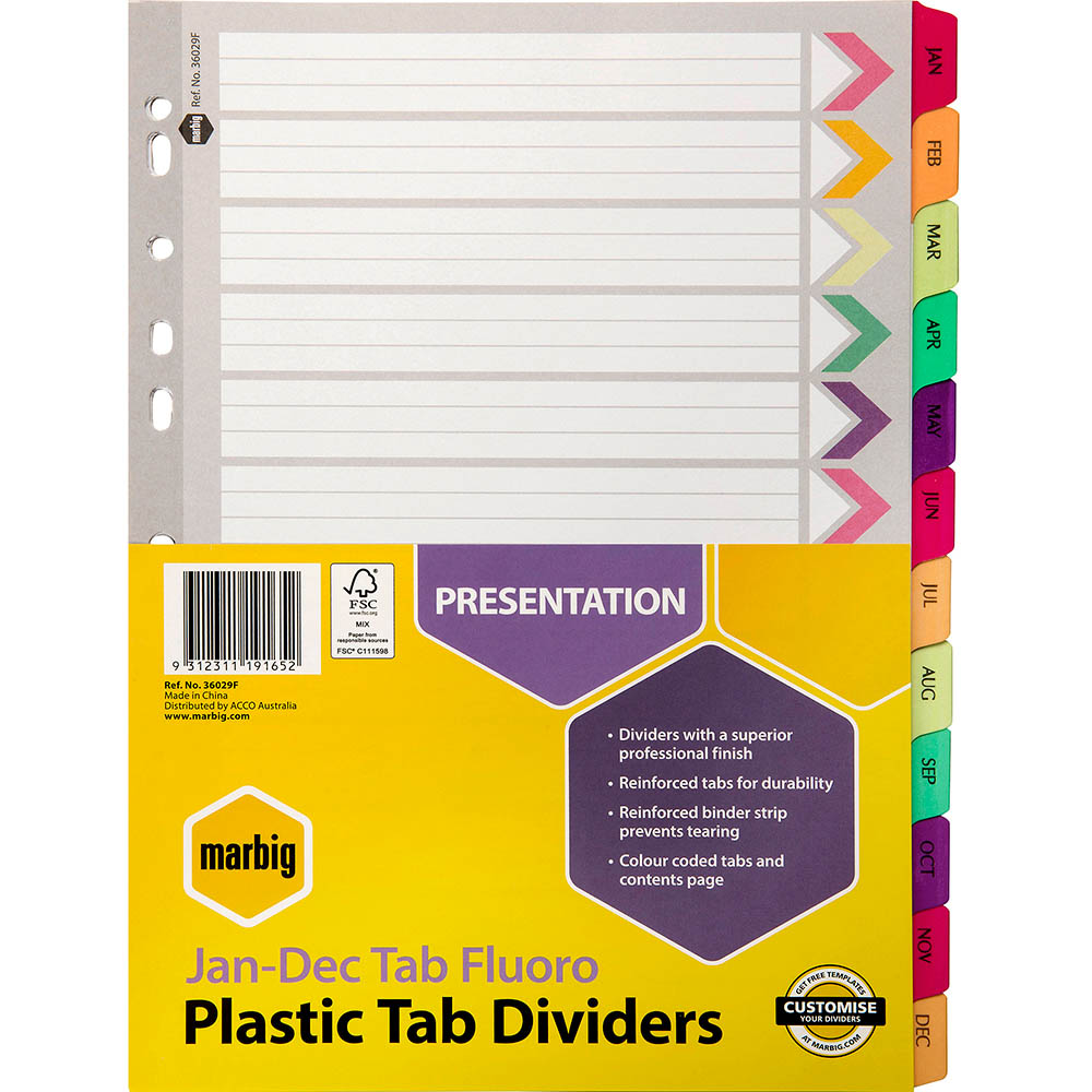 Image for MARBIG INDEX DIVIDER REINFORCED MANILLA JAN-DEC TAB A4 FLUORO ASSORTED from Office Products Depot