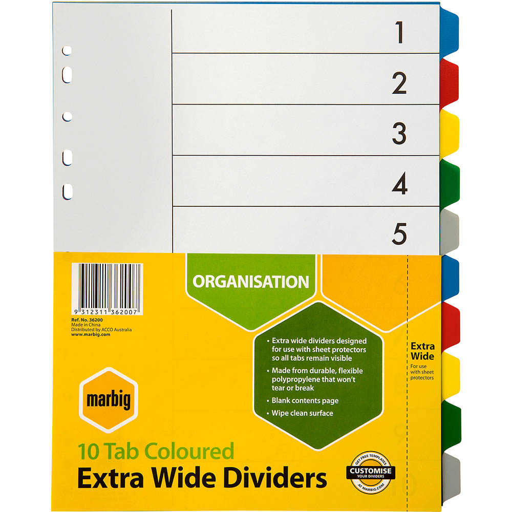 Image for MARBIG EXTRA WIDE DIVIDER PP 10-TAB A4 ASSORTED from Office Products Depot Gold Coast