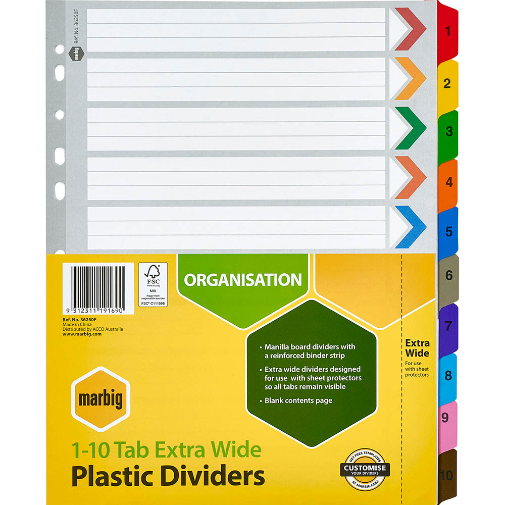 Image for MARBIG INDEX DIVIDER EXTRA WIDE MANILLA 1-10 TAB A4 ASSORTED from Office Products Depot