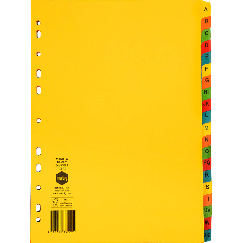 Image for MARBIG DIVIDER MANILLA A-Z TAB A4 BRIGHT ASSORTED from OFFICEPLANET OFFICE PRODUCTS DEPOT