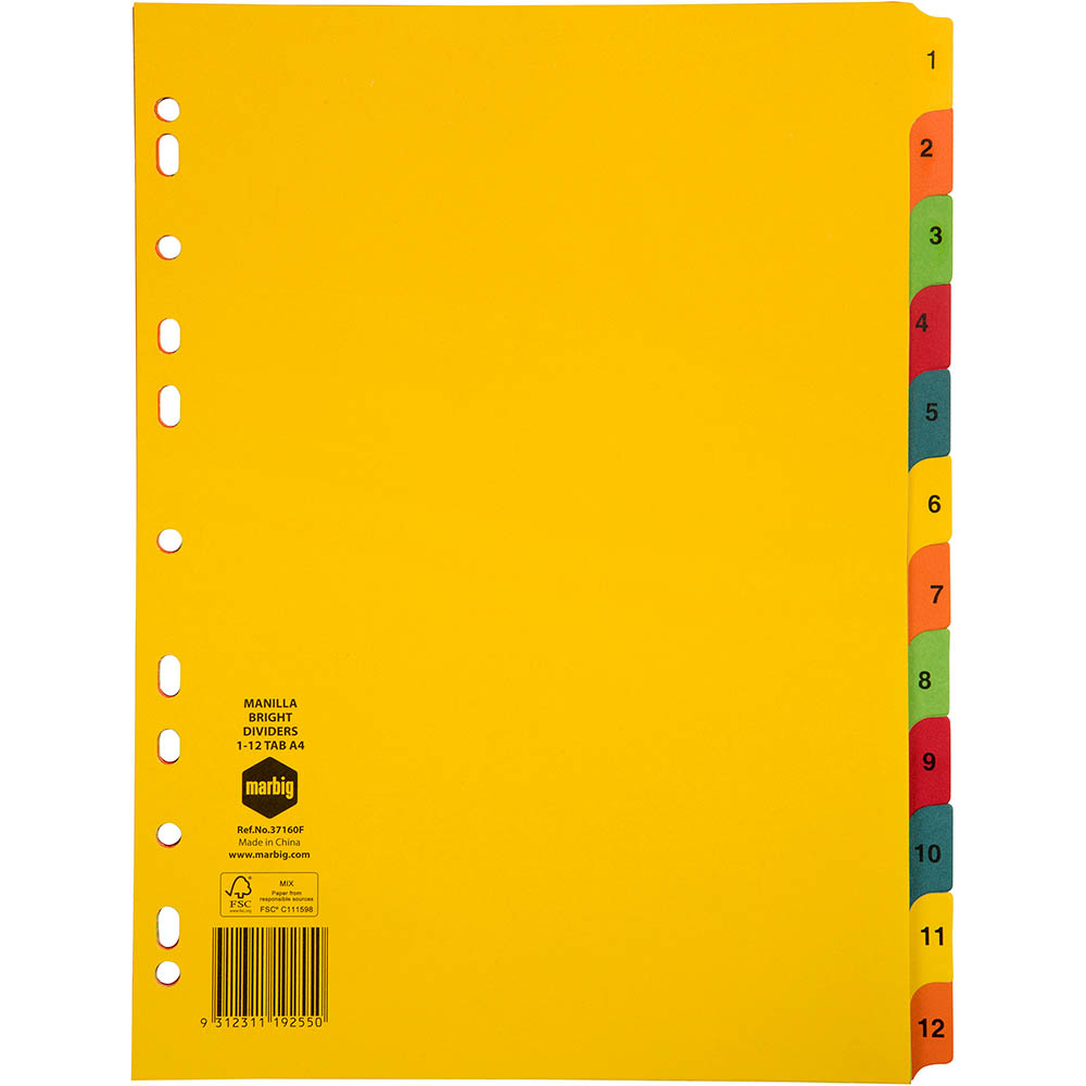 Image for MARBIG DIVIDER MANILLA 12-TAB A4 BRIGHT ASSORTED from MOE Office Products Depot Mackay & Whitsundays