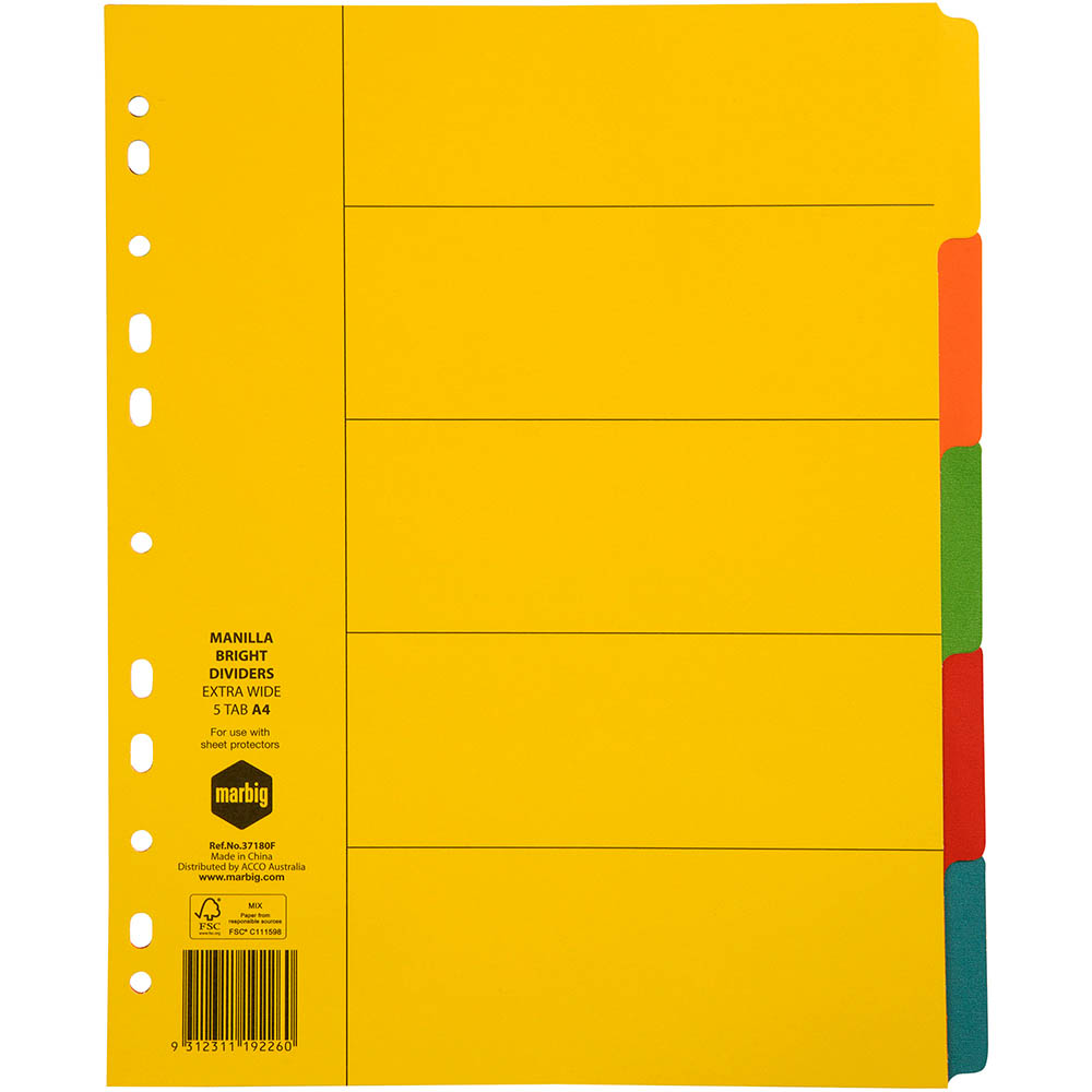 Image for MARBIG EXTRA WIDE DIVIDER MANILLA 5-TAB A4 BRIGHT ASSORTED from Albany Office Products Depot