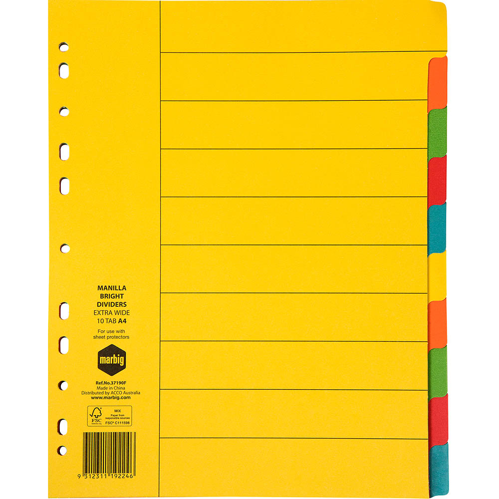 Image for MARBIG EXTRA WIDE DIVIDER MANILLA 10-TAB A4 BRIGHT ASSORTED from Barkers Rubber Stamps & Office Products Depot
