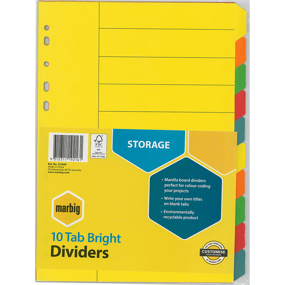 Image for MARBIG DIVIDER MANILLA 10-TAB A4 BRIGHT ASSORTED from Barkers Rubber Stamps & Office Products Depot