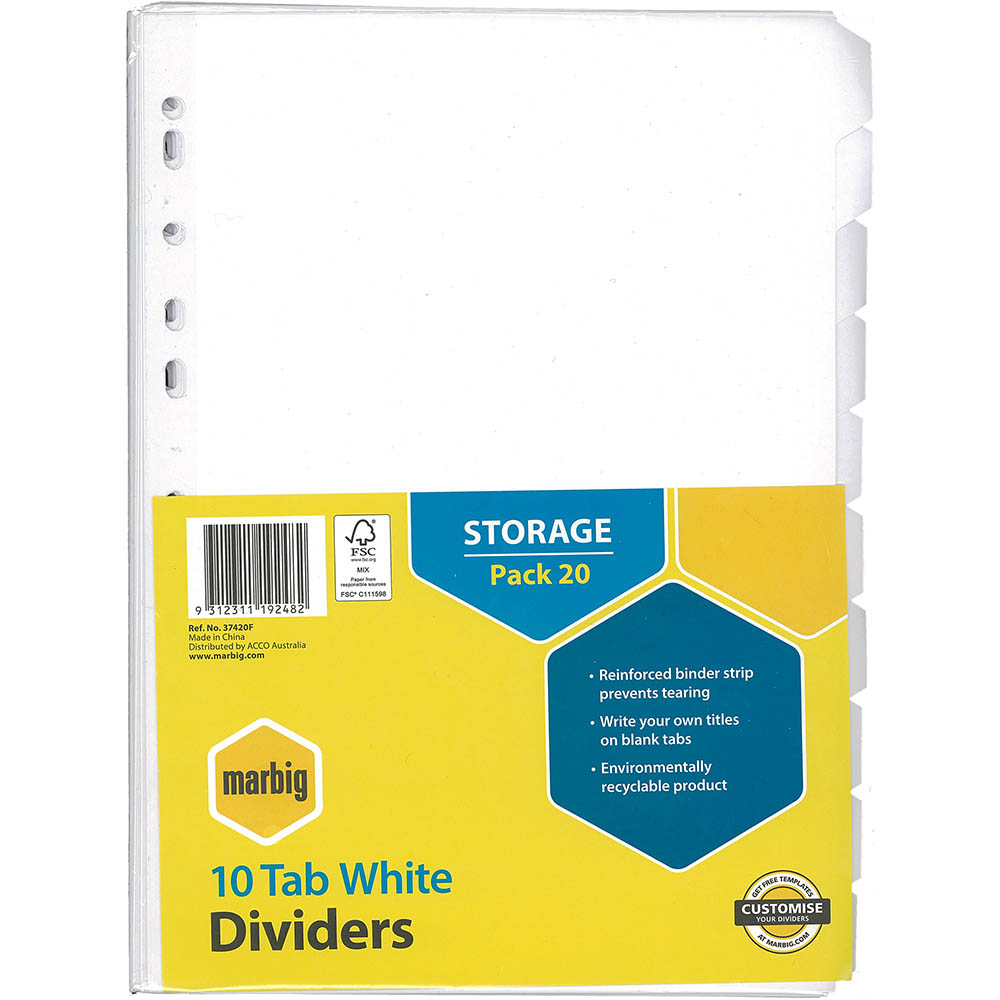 Image for MARBIG DIVIDER MANILLA 10-TAB A4 WHITE PACK 20 from Office Products Depot