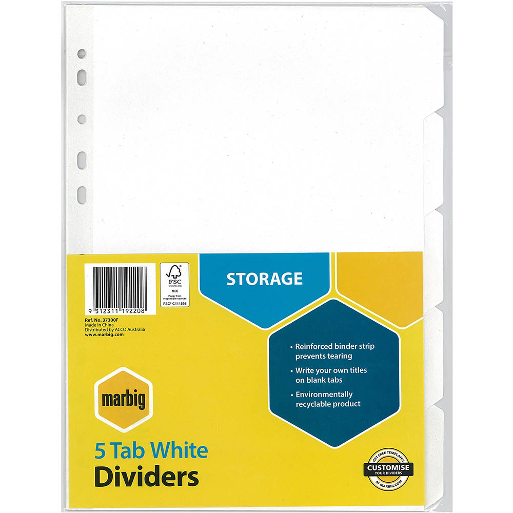 Image for MARBIG DIVIDER MANILLA 5-TAB A4 WHITE from Total Supplies Pty Ltd