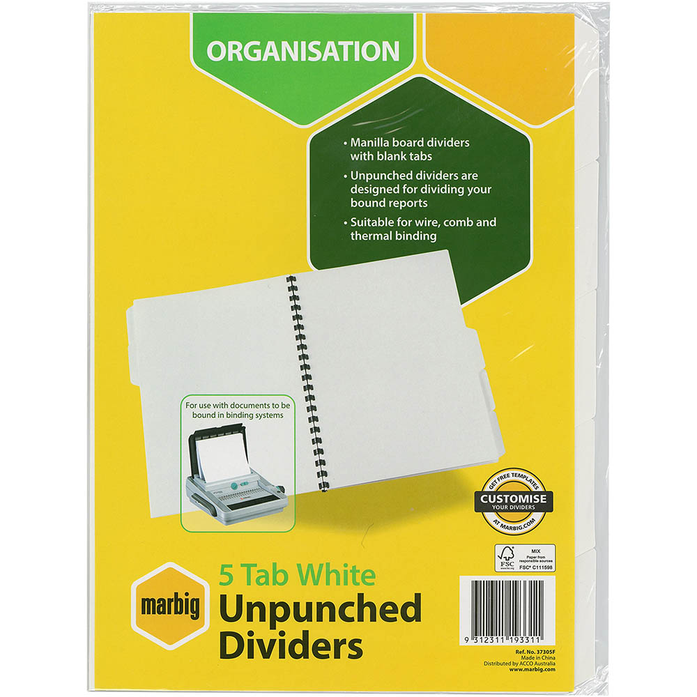 Image for MARBIG DIVIDER UNPUNCHED MANILLA 5-TAB A4 WHITE from Total Supplies Pty Ltd
