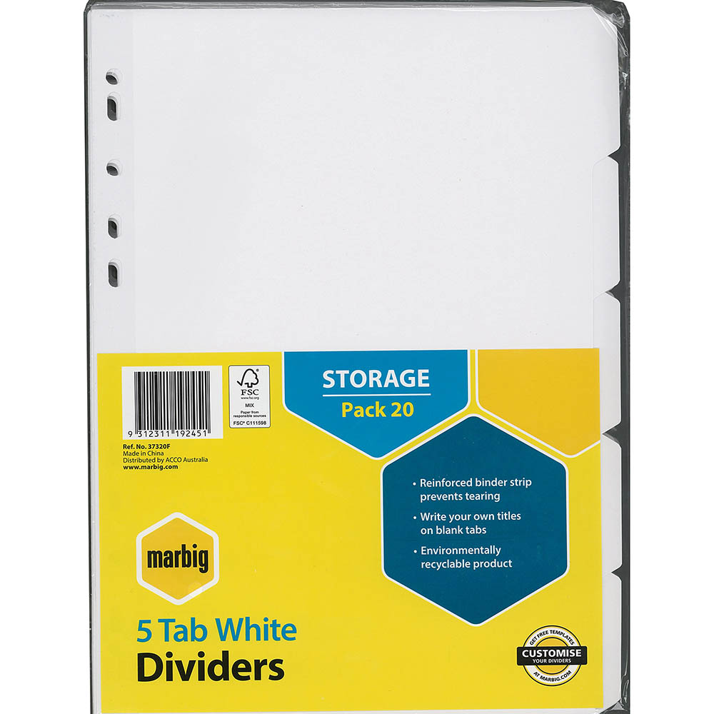 Image for MARBIG DIVIDER MANILLA 5-TAB A4 WHITE PACK 20 from Total Supplies Pty Ltd