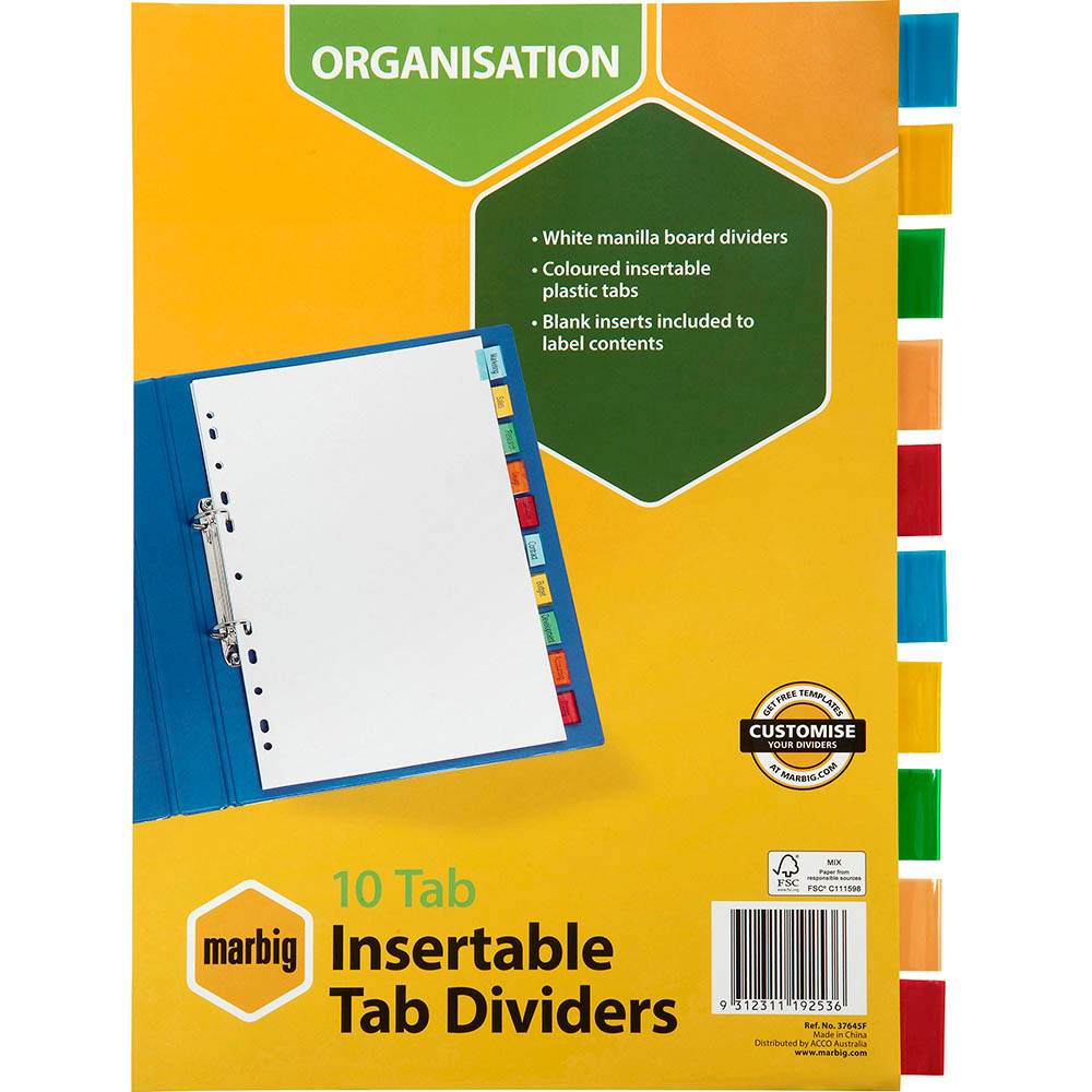 Image for MARBIG DIVIDER INSERTABLE MANILLA 10-TAB A4 WHITE from MOE Office Products Depot Mackay & Whitsundays