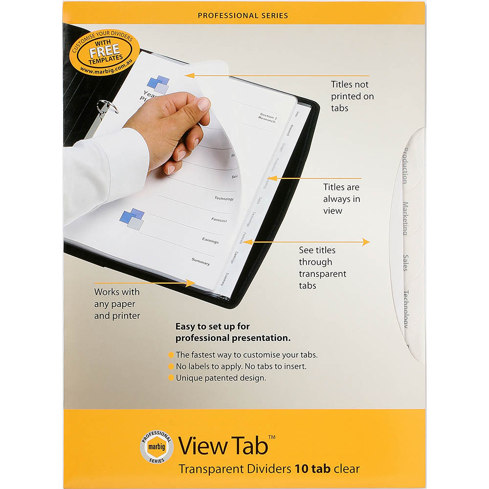 Image for MARBIG PROFESSIONAL SERIES VIEW-TAB DIVIDER PP 10-TAB A4 CLEAR from Barkers Rubber Stamps & Office Products Depot