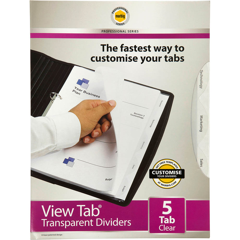 Image for MARBIG PROFESSIONAL VIEW-TAB DIVIDER PP 5-TAB A4 CLEAR from Barkers Rubber Stamps & Office Products Depot