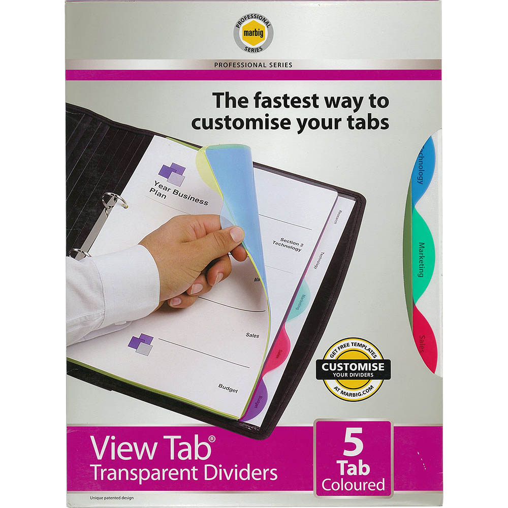 Image for MARBIG PROFESSIONAL SERIES VIEW-TAB DIVIDER PP 5-TAB A4 ASSORTED from Barkers Rubber Stamps & Office Products Depot
