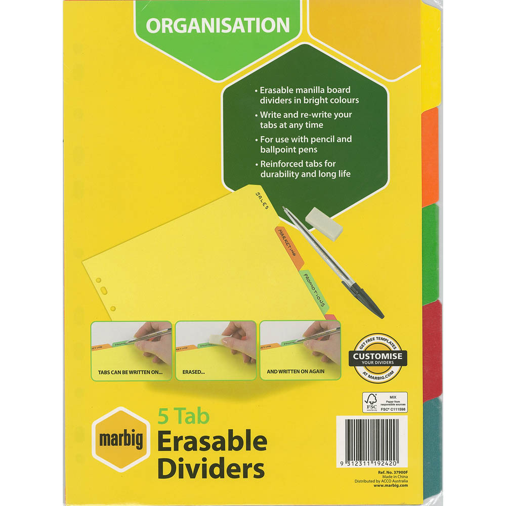 Image for MARBIG DIVIDER ERASABLE MANILLA 5-TAB A4 BRIGHTS from MOE Office Products Depot Mackay & Whitsundays