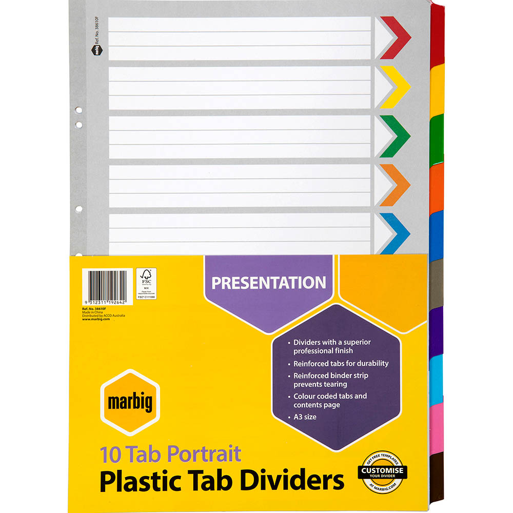 Image for MARBIG DIVIDER REINFORCED MANILLA 10-TAB A3 ASSORTED from Albany Office Products Depot