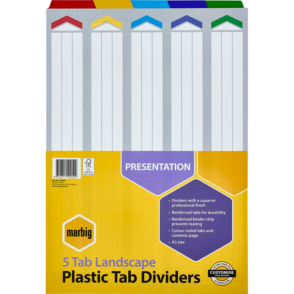 Image for MARBIG DIVIDER LANDSCAPE MANILLA 5-TAB A3 ASSORTED from Albany Office Products Depot