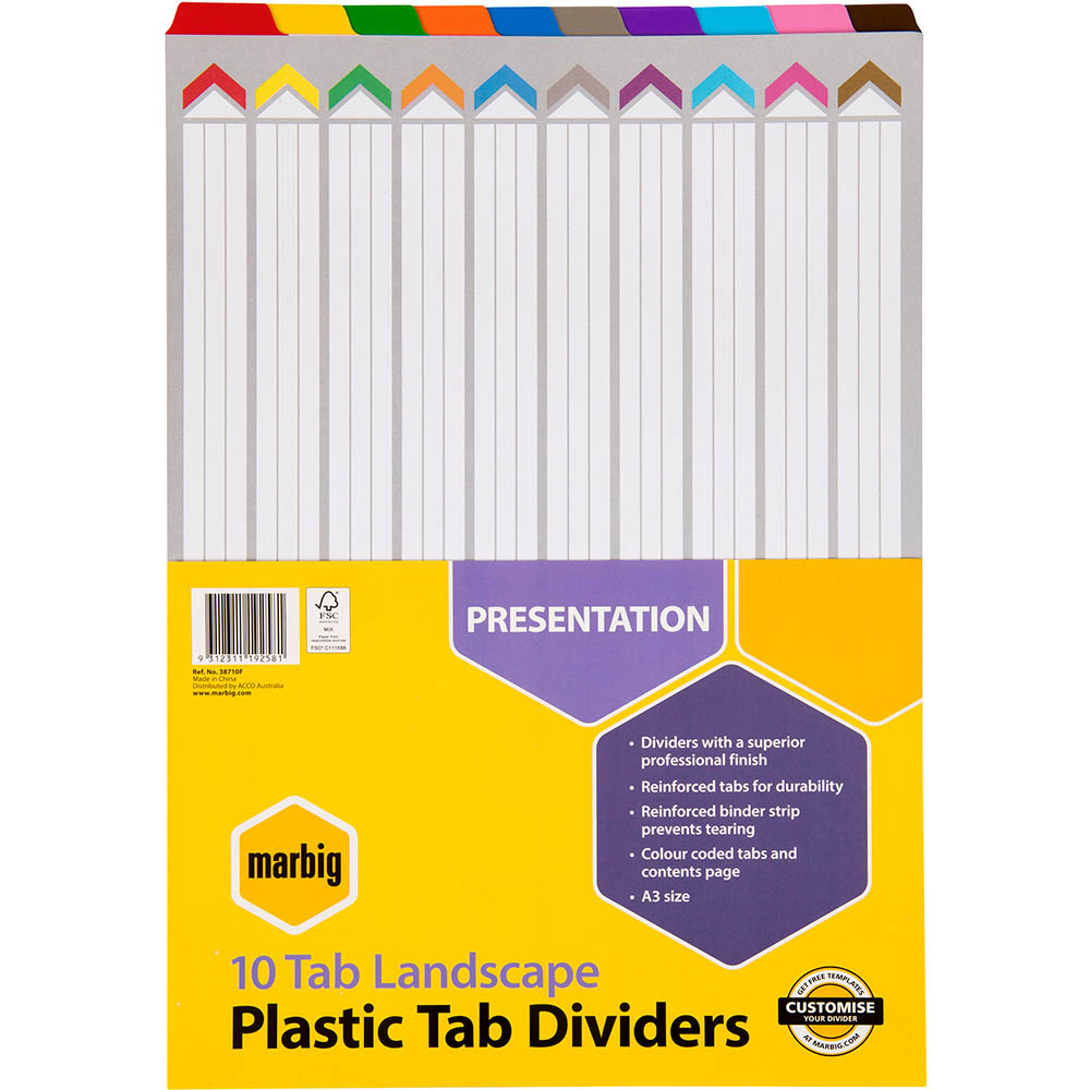 Image for MARBIG DIVIDER LANDSCAPE MANILLA 10-TAB A3 ASSORTED from OFFICEPLANET OFFICE PRODUCTS DEPOT