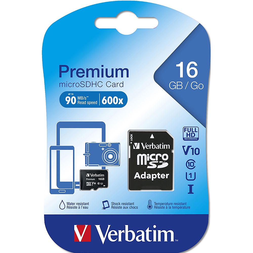 Image for VERBATIM PREMIUM MICROSDHC MEMORY CARD WITH ADAPTER UHS-I V10 U1 CLASS 10 16GB from Australian Stationery Supplies Office Products Dep