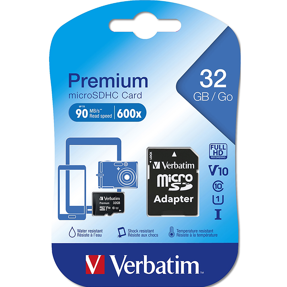 Image for VERBATIM PREMIUM MICROSDHC MEMORY CARD WITH ADAPTER UHS-I V10 U1 CLASS 10 32GB from O'Donnells Office Products Depot